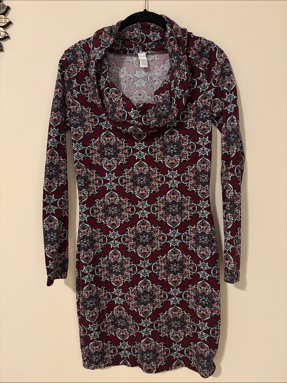 Women's Burgundy Patterned Cowl Neck Dress